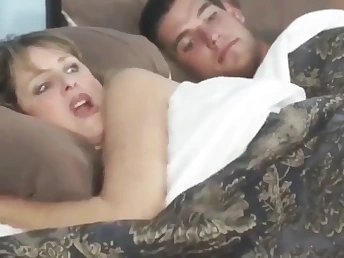 Stepmom and Couch share a big cock while sharing bed with son