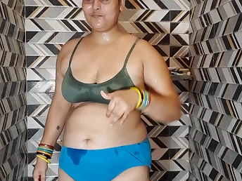 Indian BBW Puma Bhabhi masturbates with her monumental natural tits while Douche Dinghy watches in the bathroom