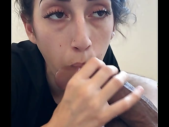 Venusvia deep-throats a XXL dark-hued monster schlong like a professional